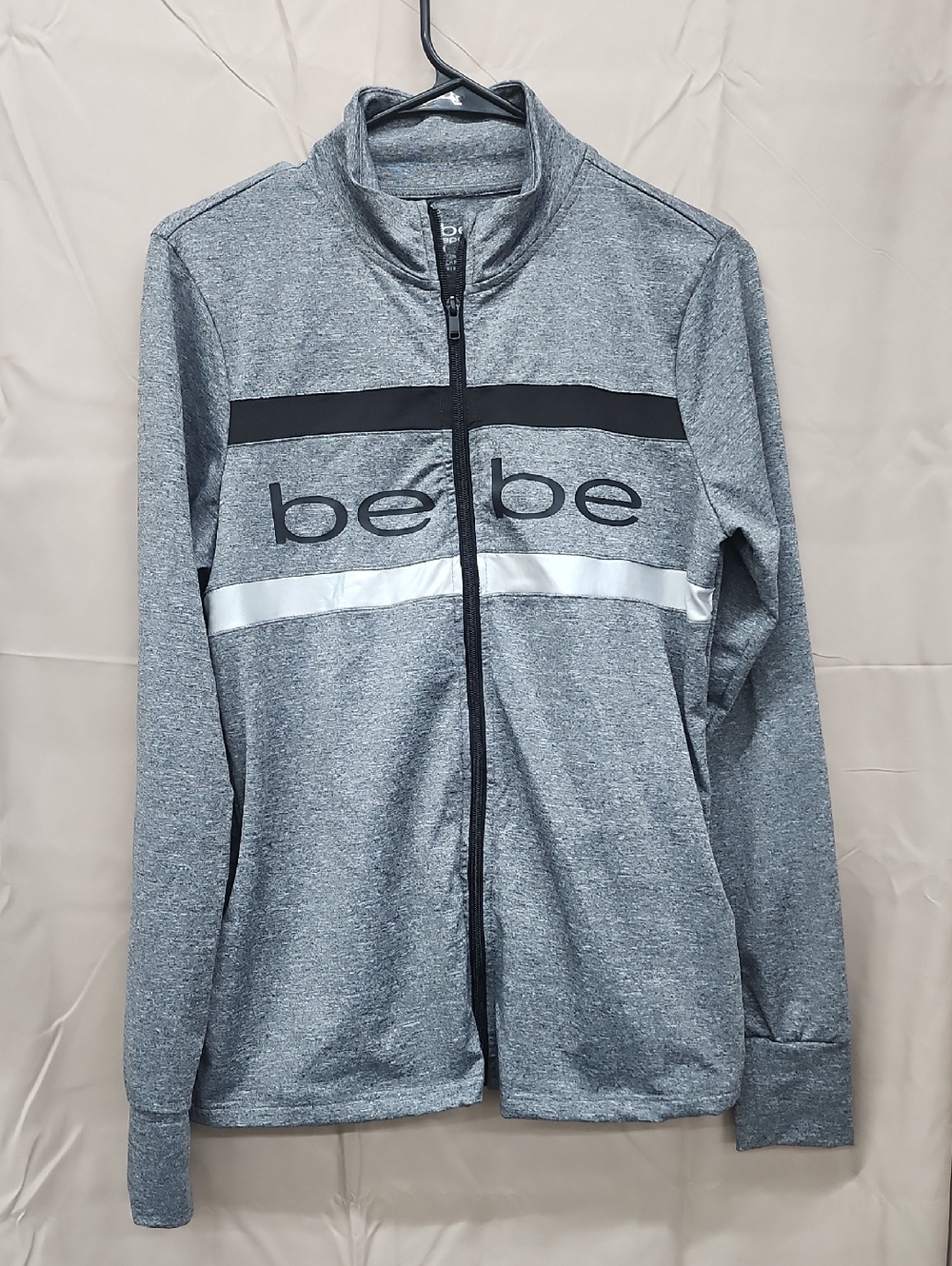 bebe Heather Gray Zip Front Track Jacket with Black & White Stripes Sz M